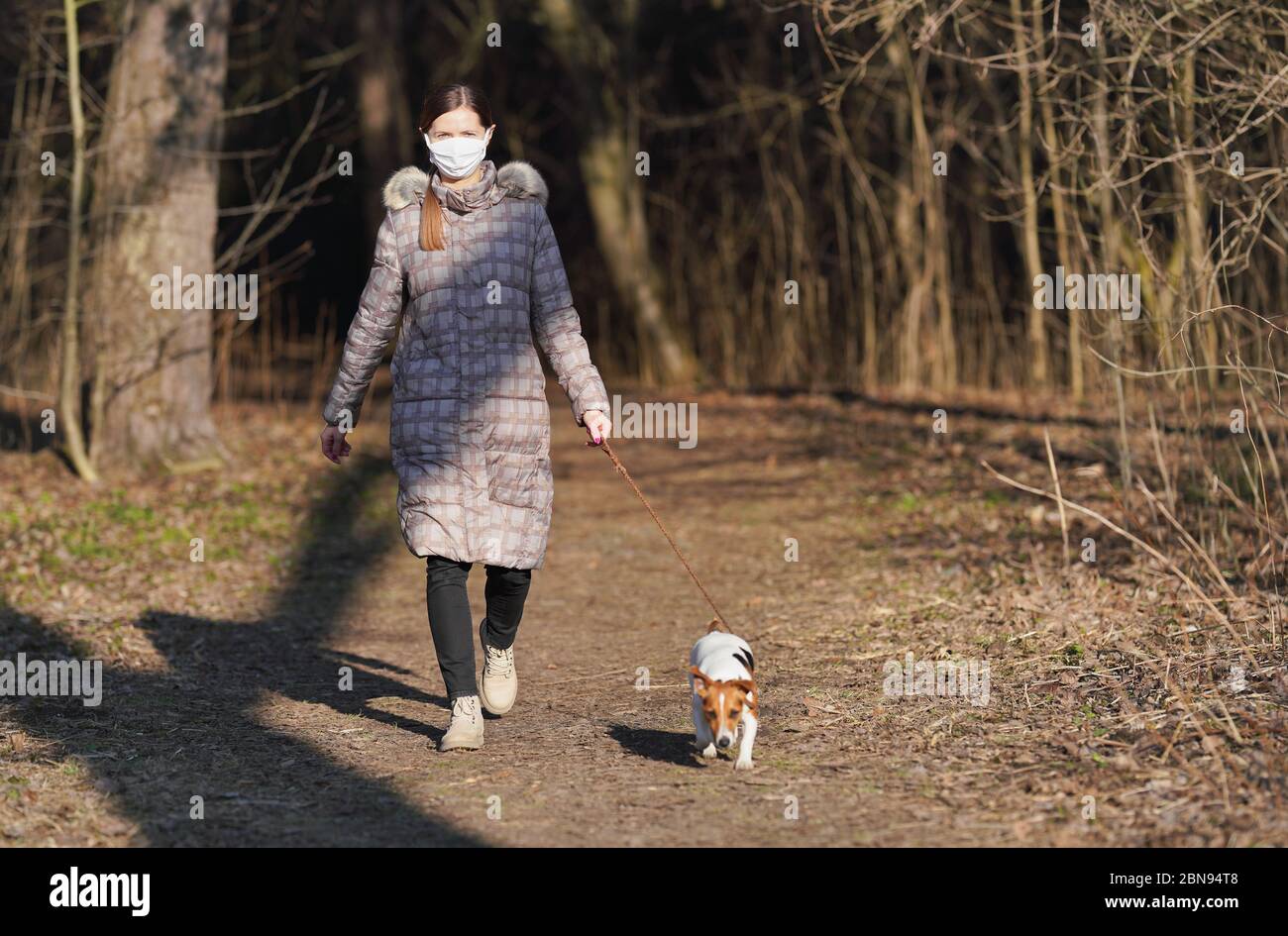 Giovane donna in giacca calda, con la maschera virus viso bocca, cammina il suo cane su strada di campagna. Le maschere sono obbligatorie fuori casa durante il covid di coronavirus- Foto Stock