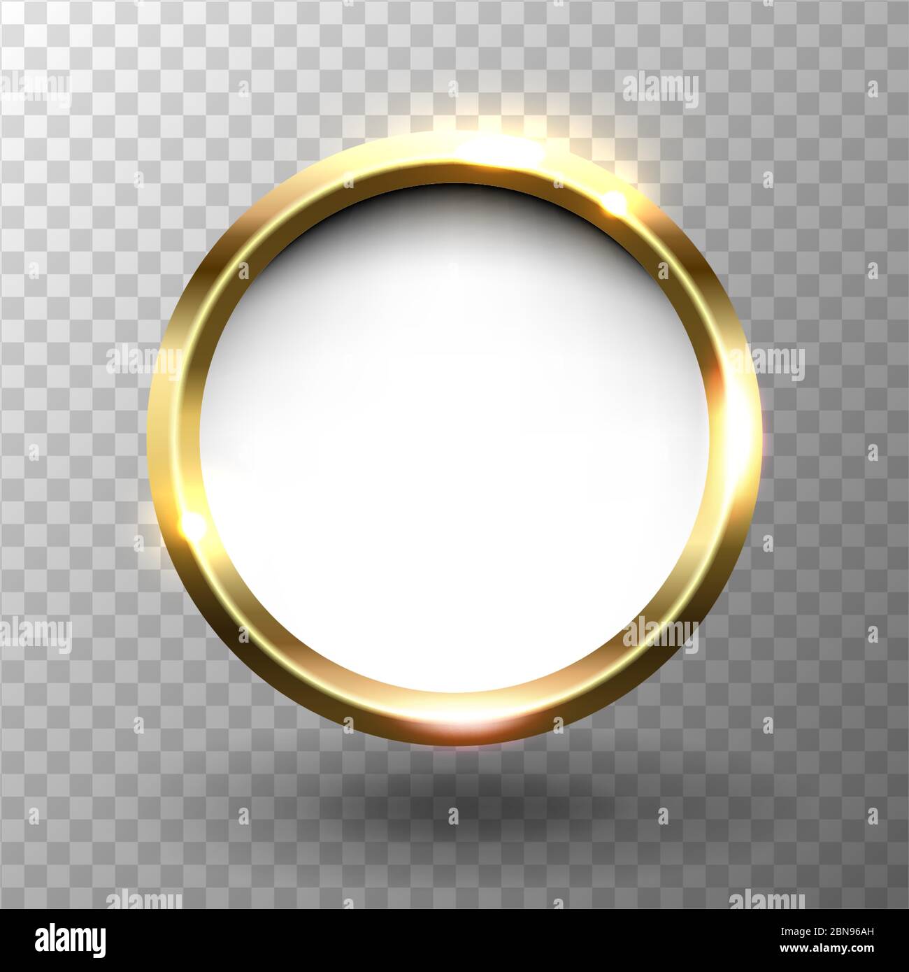 Cornice circolare dorata lucida astratta con spazio per il testo, su sfondo trasparente, illustrazione vettoriale. Illustrazione Vettoriale