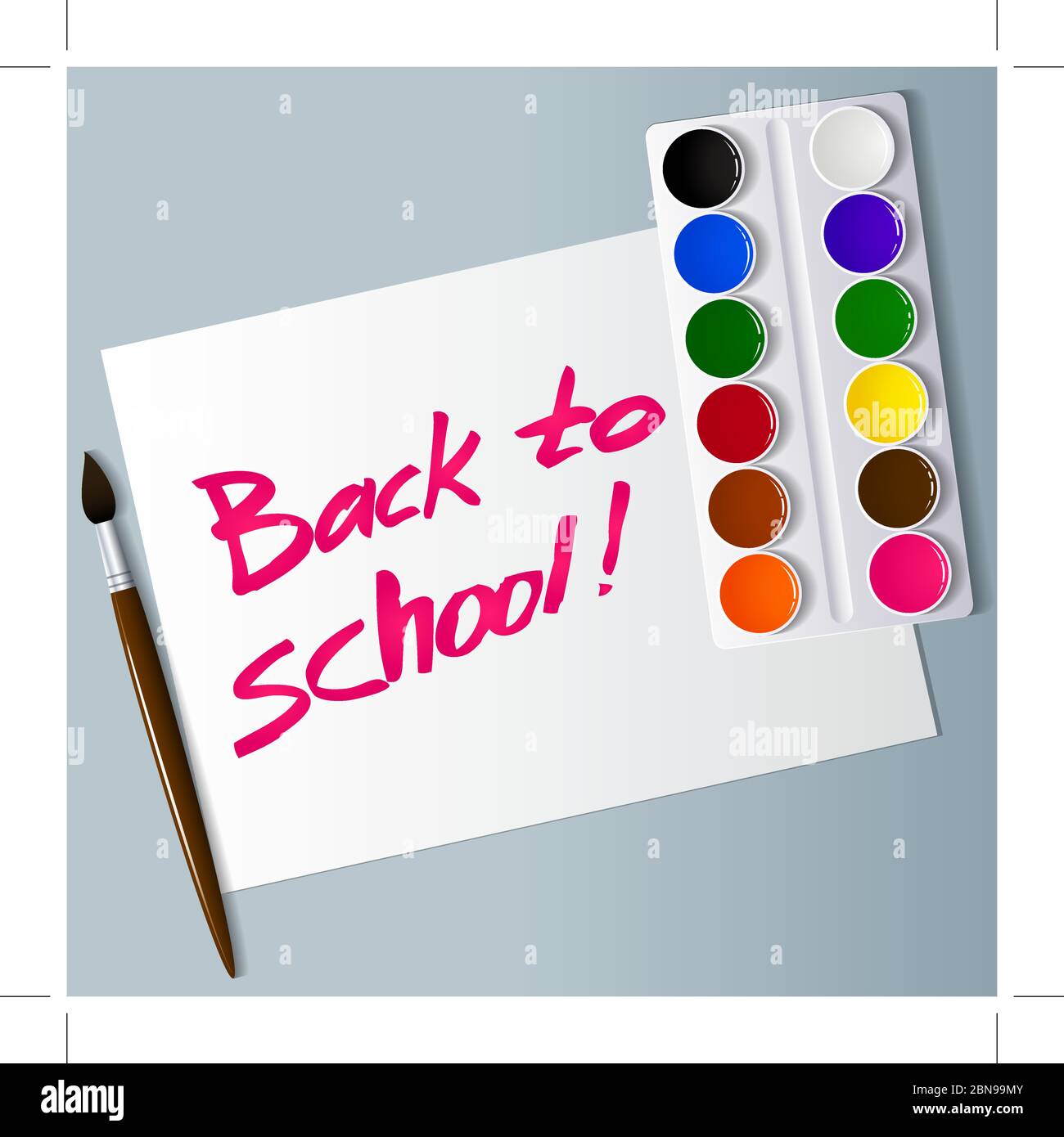 Vernici acquerello in scatola con pennello. Iscrizione sulla carta. Ritorno a scuola. Vettore Illustrazione Vettoriale