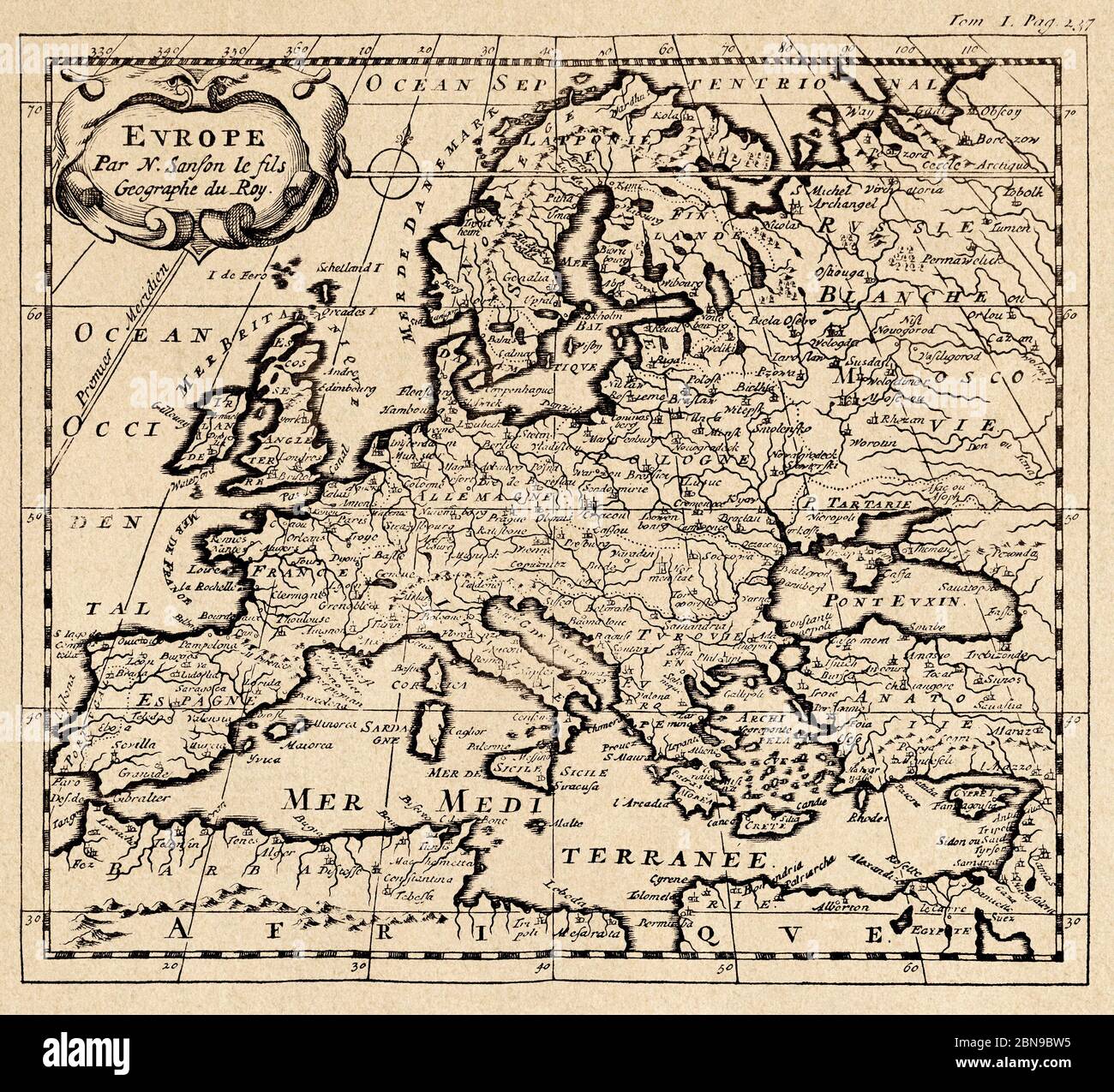 Mappa vecchia d'Europa del 1660. Europa par N. Sanson le fils Geographe du Roy Foto Stock