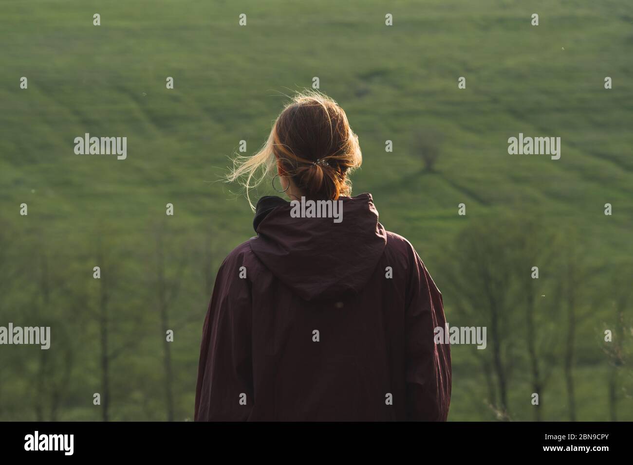 Retro di una donna in piedi sulle colline in tempo ventoso. Passeggiate, escursioni e tempo libero all'aperto, portait per giovani adulti Foto Stock