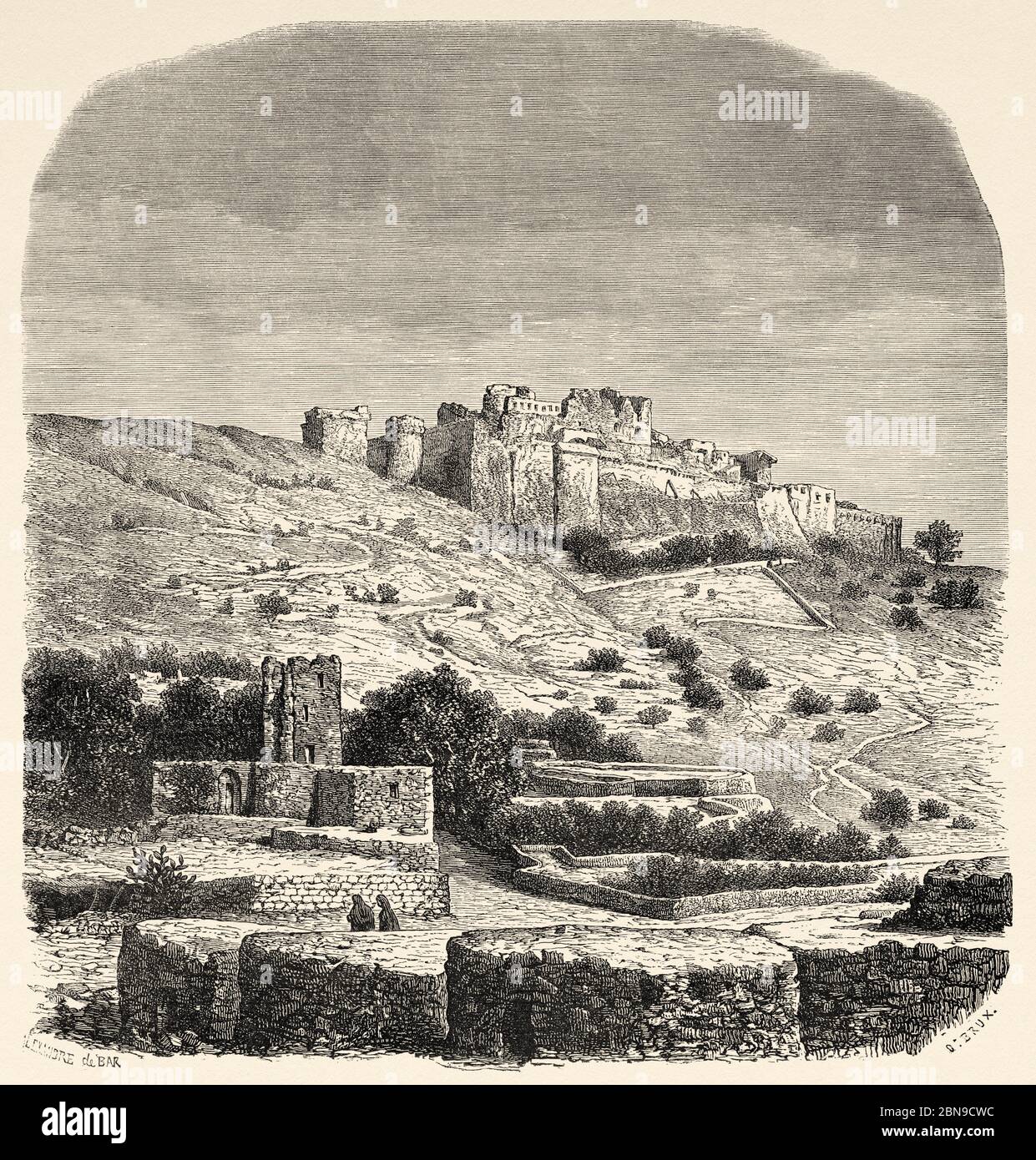 Krac des Chevaliers. Fortezza crociata a Qall'at al-Hosn, porta tradizionale tra Siria e Mediterraneo. Siria, Repubblica Araba Siriana. Medio Oriente, antico 19 ° secolo incisa illustrazione, le Tour du Monde 1863 Foto Stock