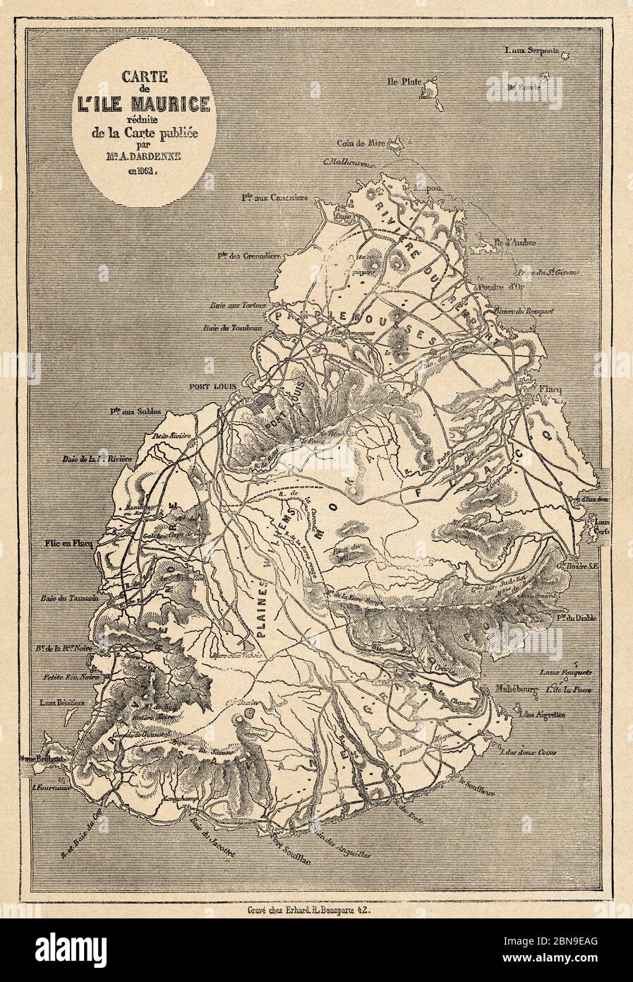 Vecchia mappa dell'isola di Mauritius. Isole Mascarene Sud Africa, illustrazione incisa del XIX secolo, le Tour du Monde 1863 Foto Stock