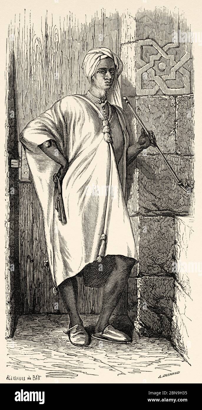 Uomo nubiano che fuma una pipa, Egitto, Africa. Antica illustrazione incisa del 19 ° secolo, le Tour du Monde 1863 Foto Stock