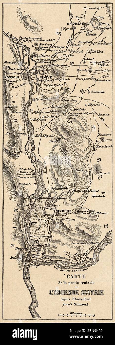 Mappa della parte centrale dell'antica Assiria. Antica illustrazione incisa del 19 ° secolo, le Tour du Monde 1863 Foto Stock