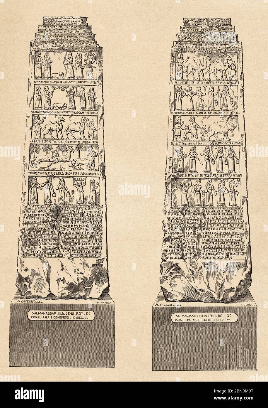 Obelisco nero di Shalmaneser III, scultura assira di pietra calcarea nera con scene e iscrizioni a bassorilievo. Nimrud (Kalhu), commemora gli eventi del re Shalmaneser III (regnò tra il 858 e il 824 a.C.). Antica illustrazione incisa del 19 ° secolo, le Tour du Monde 1863 Foto Stock