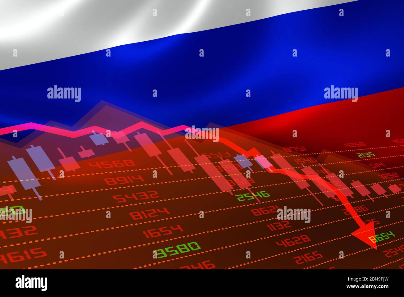 Crisi economica della Russia con il mercato azionario che mostra il grafico in basso e in territorio rosso negativo. Crisi del mercato monetario economico e finanziario Foto Stock