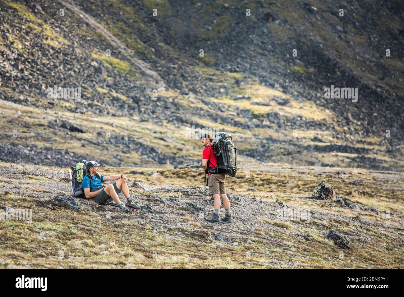 Backpackers riposo in prato alpino durante una gita di un giorno muti. Foto Stock