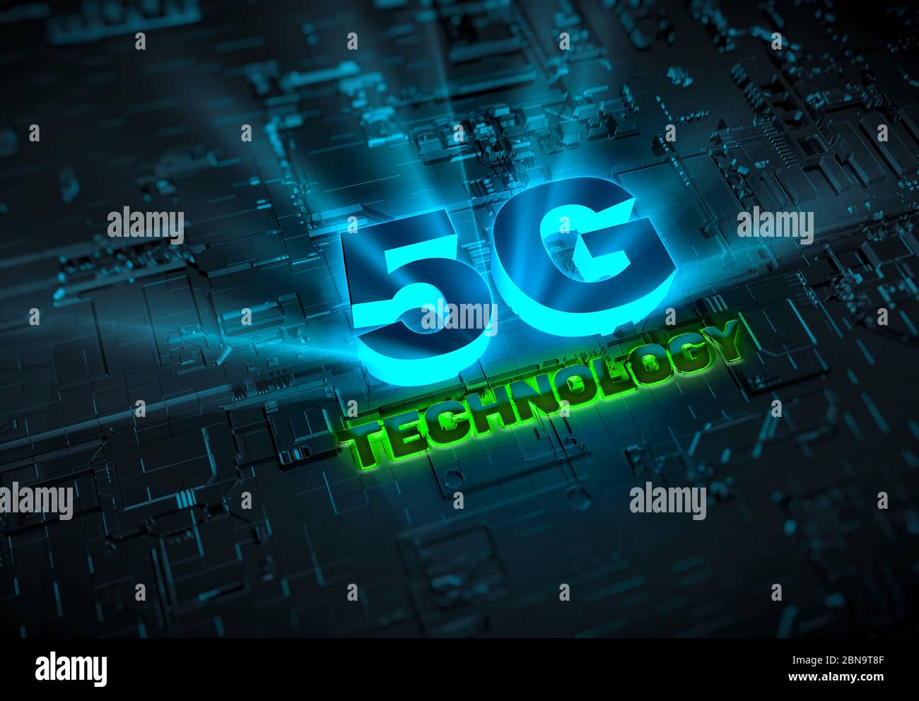 Astratto sfondo della tecnologia di rete 5G come immagini jpg create in 3D per l'utilizzo come sfondi in siti Web, video, illustrazioni e altro ancora. Foto Stock