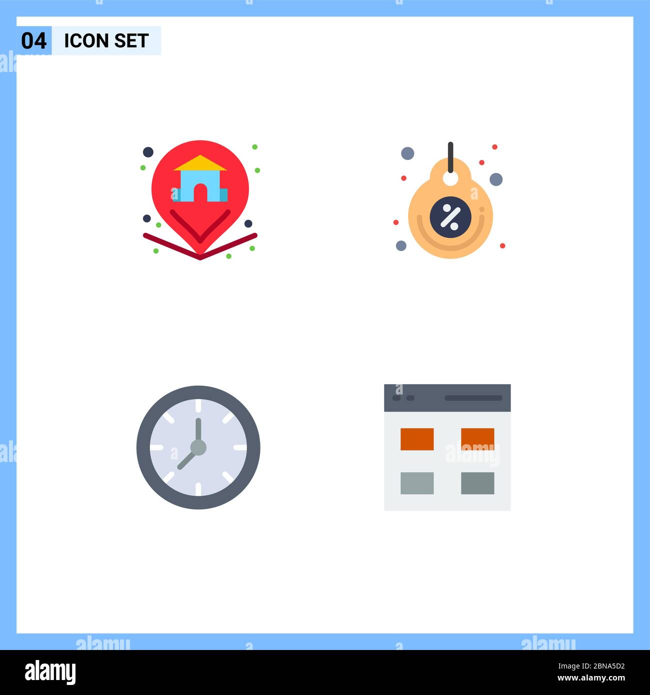 Moderno set di 4 icone piatte e simboli come posizione, orologio, casa, prezzo, timer elementi di disegno vettoriale editabili Illustrazione Vettoriale
