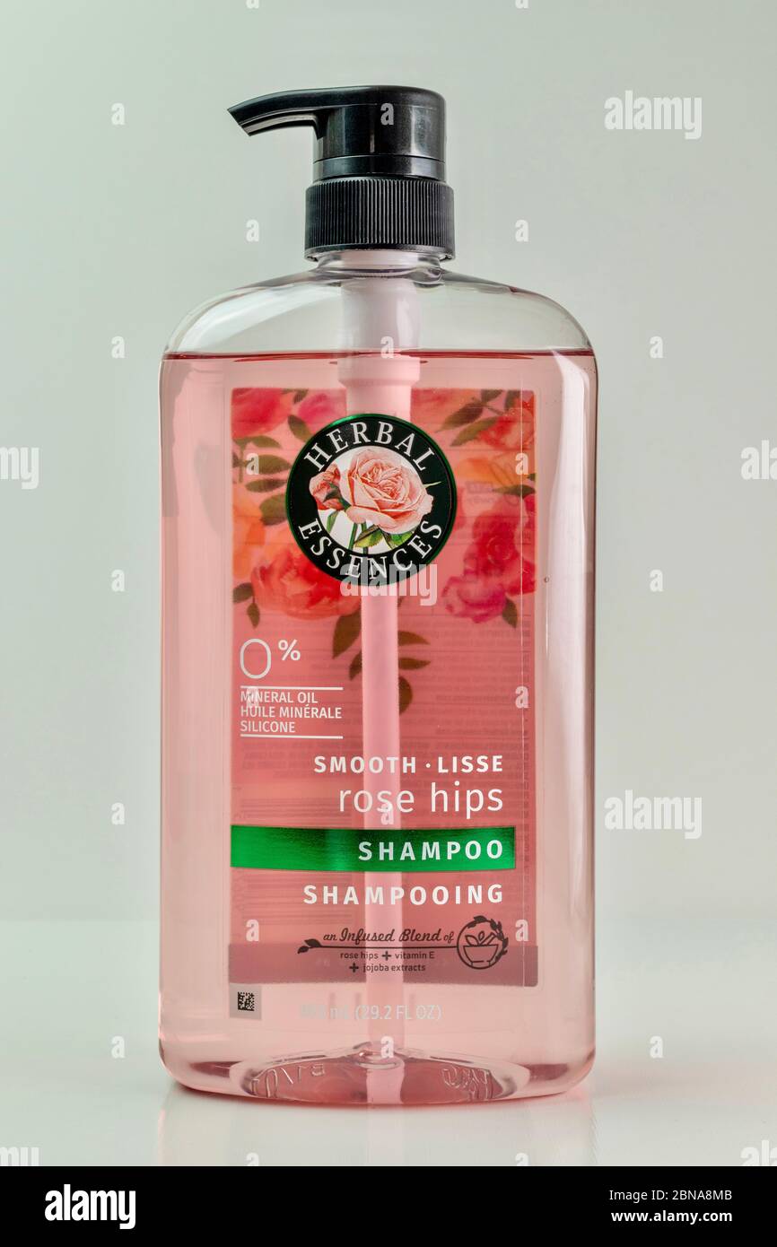 Essenze di erbe Rosa Hip Shampoo flacone isolato su sfondo bianco Foto Stock
