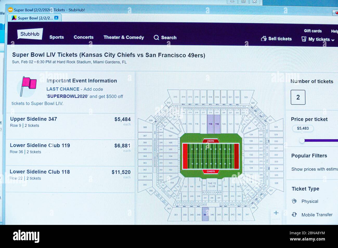 Miami Beach Florida, monitor per computer portatile, StubHub, vendita biglietti Super Bowl 54 LIV, Hard Rock Stadium mappa posti a sedere, costoso, prezzo gonfiato pri Foto Stock