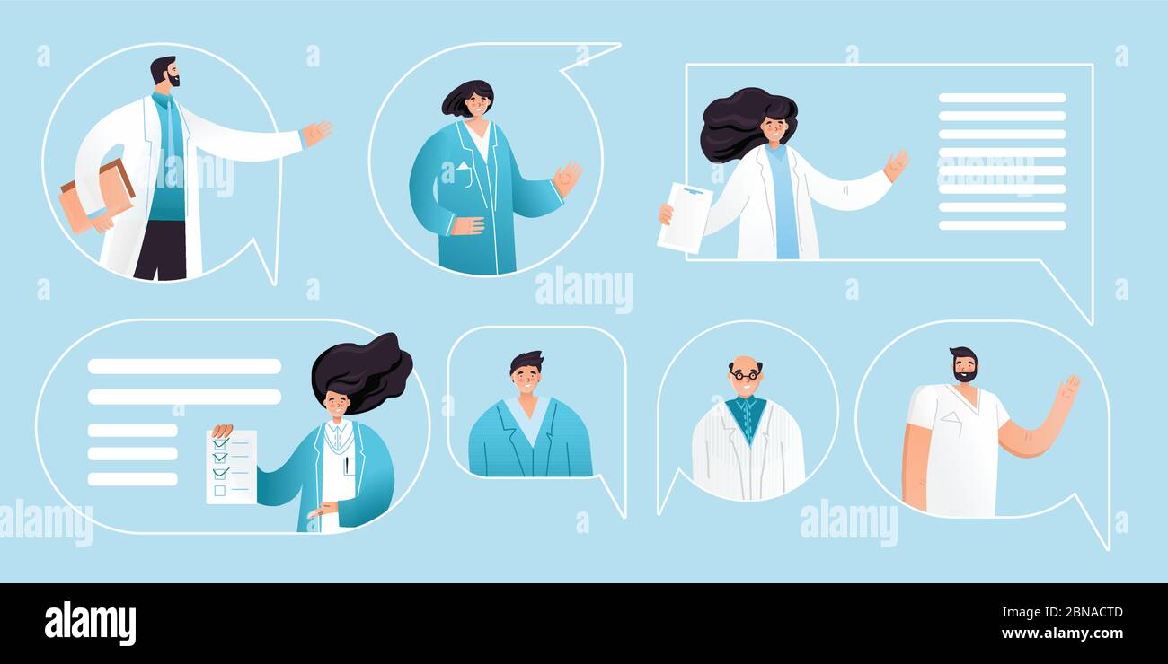 Immagine piatta vettoriale di una squadra di mediche professionali con gesti di puntamento nelle bolle vocali. Set di personaggi del medico cartoon - uomo, donna, infermieri e. Illustrazione Vettoriale