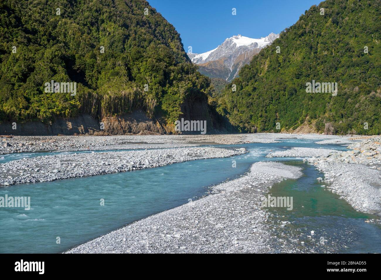 Ghiaia letto nella valle del fiume Karangarua, pendii boschivi e vette glaciate delle Alpi meridionali della Nuova Zelanda, Westland National Park, Fox GLAC Foto Stock