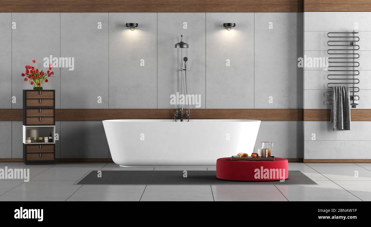 Bagno minimalista con vasca, doccia, cassettiera e radiatore su parete in cemento - rendering 3d Foto Stock