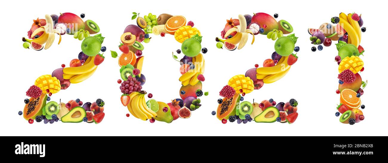 Felice anno nuovo 2021. Numero 2021 di frutti tropicali ed esotici Foto Stock