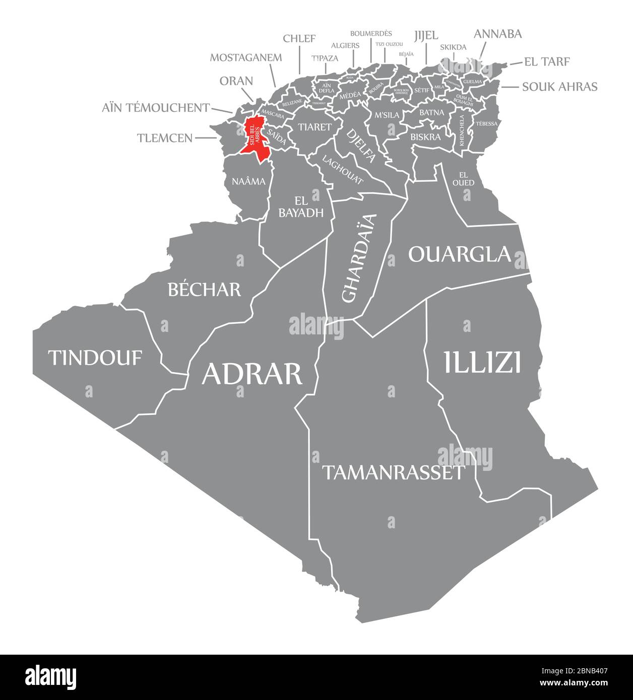 Sidi Bel Abbes rosso evidenziato sulla mappa dell'Algeria Illustrazione Vettoriale