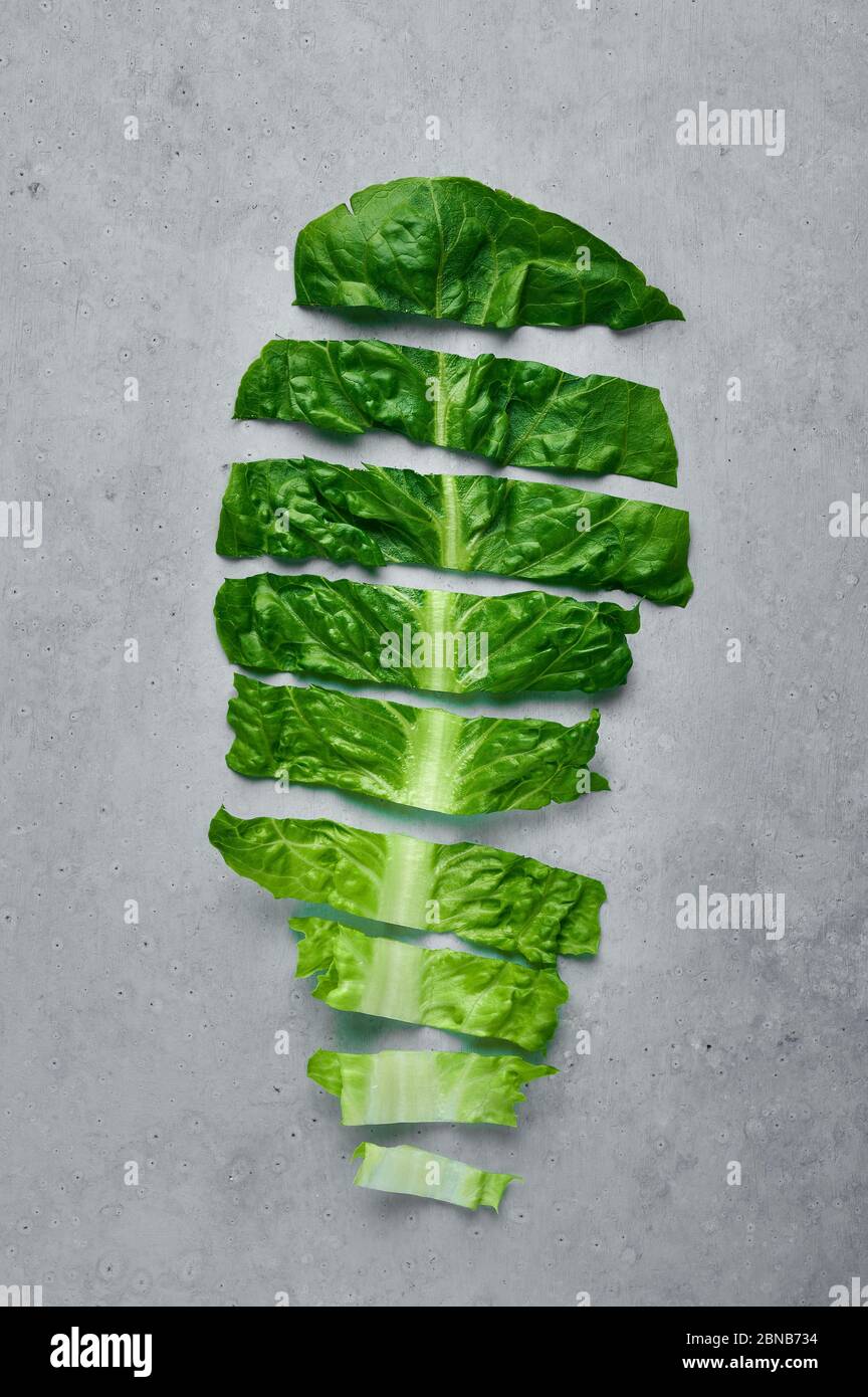 Romaine Lattuga foglia tagliata. Sfondo di foglia di insalata verde. Insalata fresca di verdure tagliate sulle strisce. Ambiente di concetto organico Foto Stock
