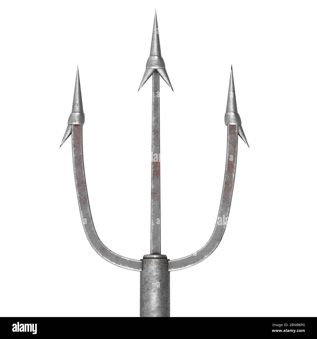 tridente lungo metallico su fondo bianco isolato. illustrazione 3d Foto Stock