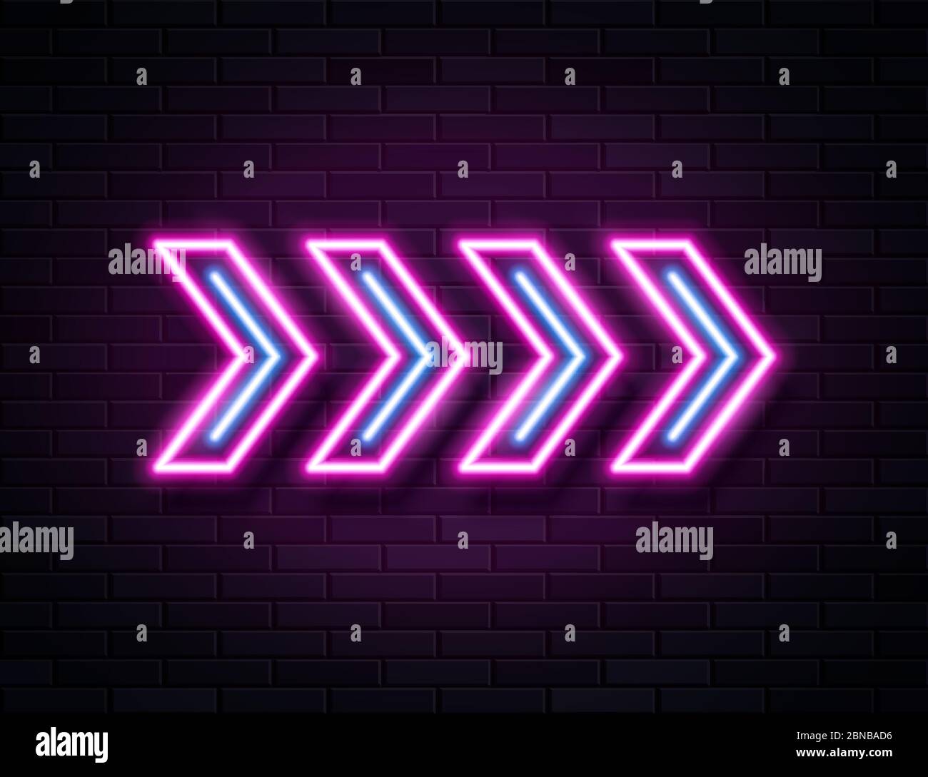 Futuristico Sci Fi Modern Neon Pink frecce incandescenti cornice per Banner su Dark Empty Grunge calcestruzzo Brick sfondo. Illustrazione Vettoriale