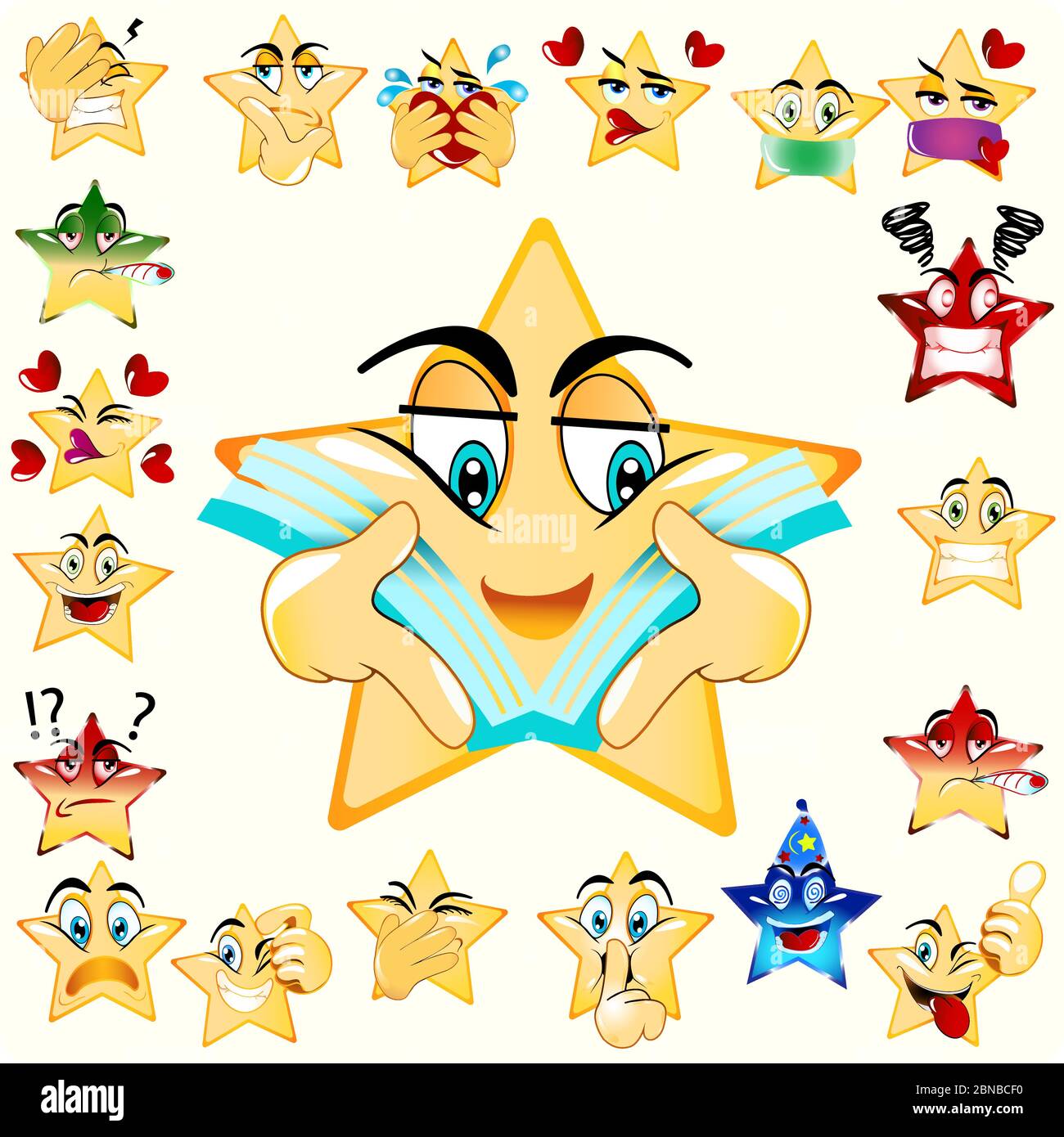 Illustrazione della stella Emoji del libro di lettura. Colore della combinazione sfumatura gialla. Icona vettore stock. Sfondo chiaro. Illustrazione Vettoriale