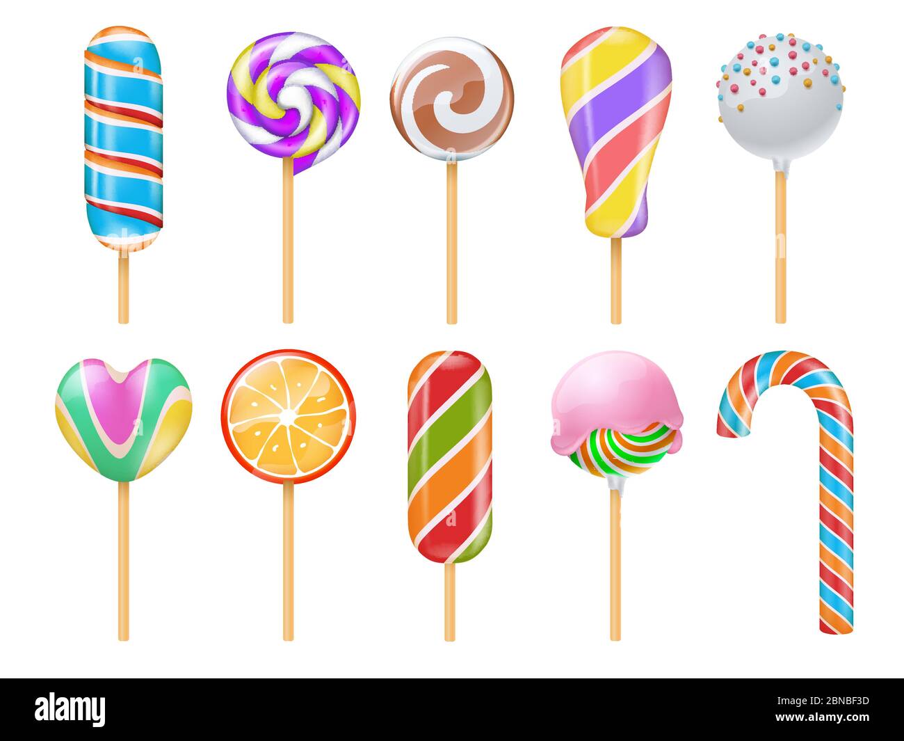 Caramelle dolci, dolci, caramello, lecca arcobaleno, caramelle di cotone e ventosa illustrazione vettoriale 3d isolato. Caramello e lollypop, sucker lolly colore arcobaleno Illustrazione Vettoriale