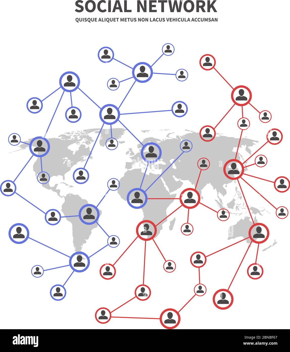 Reti di socia e telecomunicazioni, concetto di vettore di collegamenti umani con persone che condividono icone di informazione. Illustrazione delle persone del team di Connect Group, del collegamento e dell'organizzazione Illustrazione Vettoriale