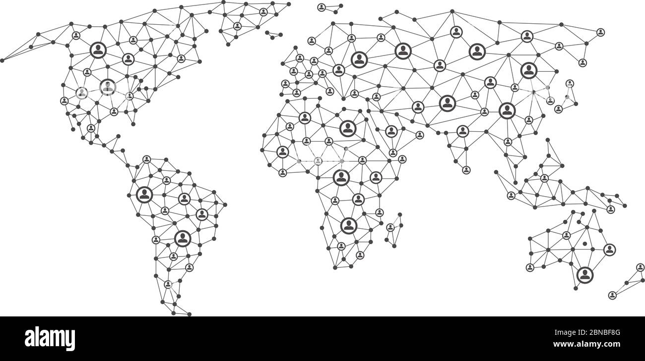 Social network globale per le persone. Concetto vettoriale di comunicazione digitale aziendale con globo 3d. Connessione Internet sociale, illustrazione globale di connessione alla rete Illustrazione Vettoriale