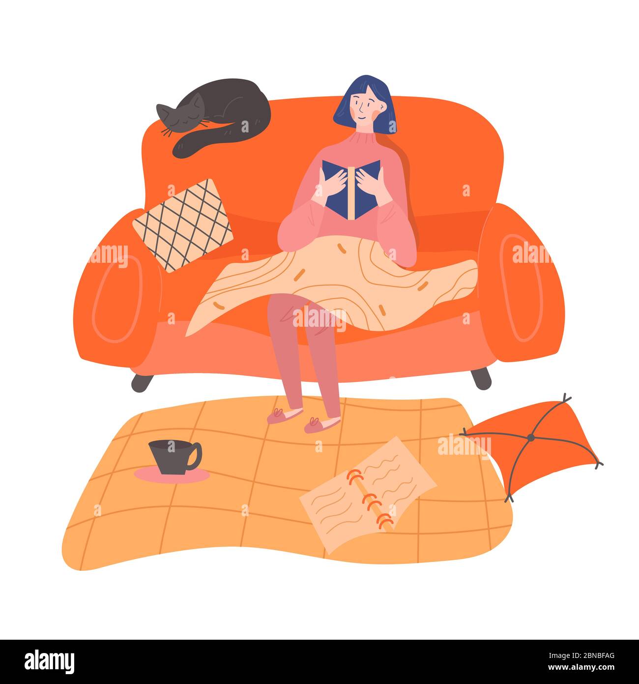 Una ragazza è seduta su un divano e sta leggendo un libro interessante che lo tiene nelle sue mani. Atmosfera calda e accogliente. Lettura hobby concetto. Colo vettore piatto Illustrazione Vettoriale