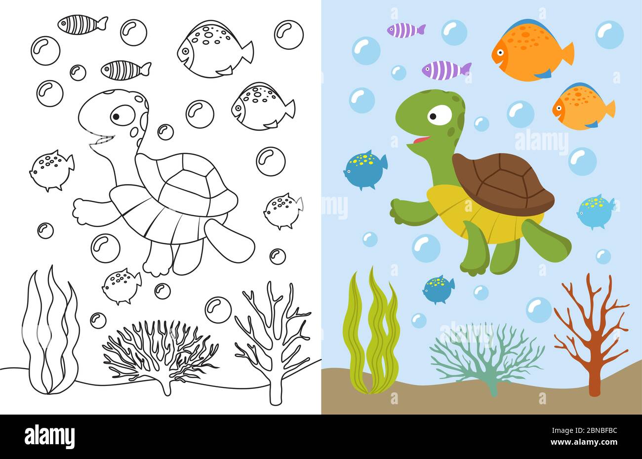 Tartarughe pagine da colorare. Cartone animato nuoto animali marini sott'acqua. Illustrazione vettoriale per i bambini libro da colorare. Mare sottomarino, tartaruga animale e pesce Illustrazione Vettoriale