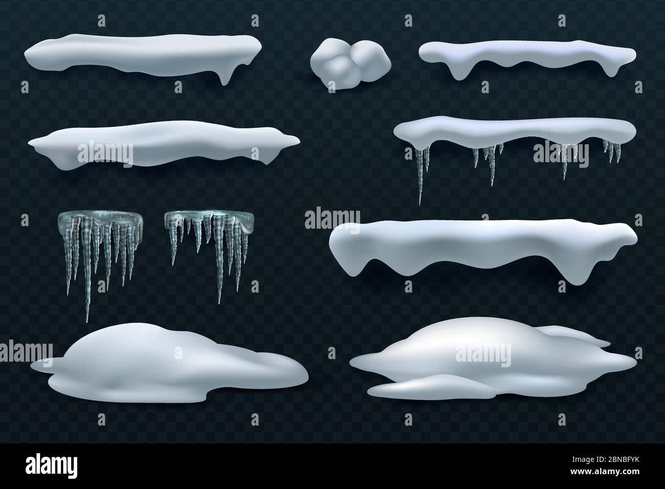 Cappelli da neve e ghiaccio. Decorazioni invernali con vettore di neve e palla di neve isolate. Illustrazione del design effetto palla di neve congelata e ghiaccio e neve Illustrazione Vettoriale