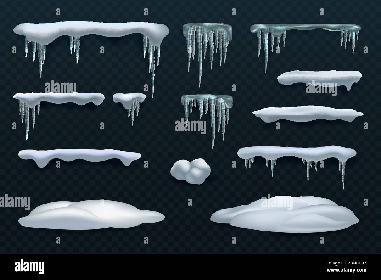 Elementi da neve. Snowball e snowdrift, icicles e snowcap bordi. Insieme di vettori invernali isolati. Illustrazione dell'effetto palla di neve, gelo snowcap Illustrazione Vettoriale
