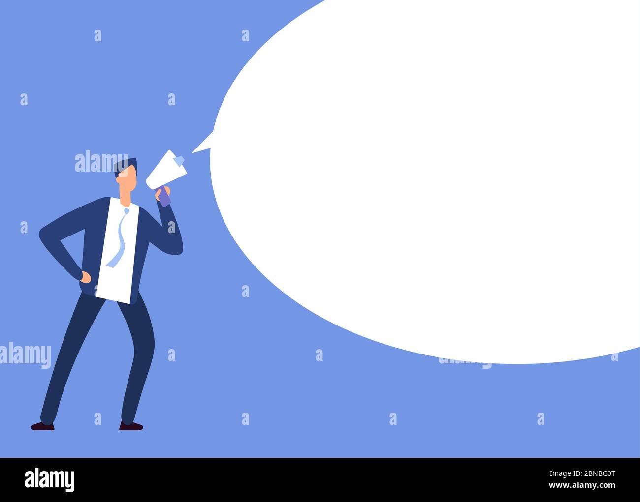 Uomo d'affari con megafono. Uomo con altoparlante e bolla del parlato. Concetto di vettore di annuncio. Illustrazione della bolla del parlato, dell'altoparlante e del megafono Illustrazione Vettoriale