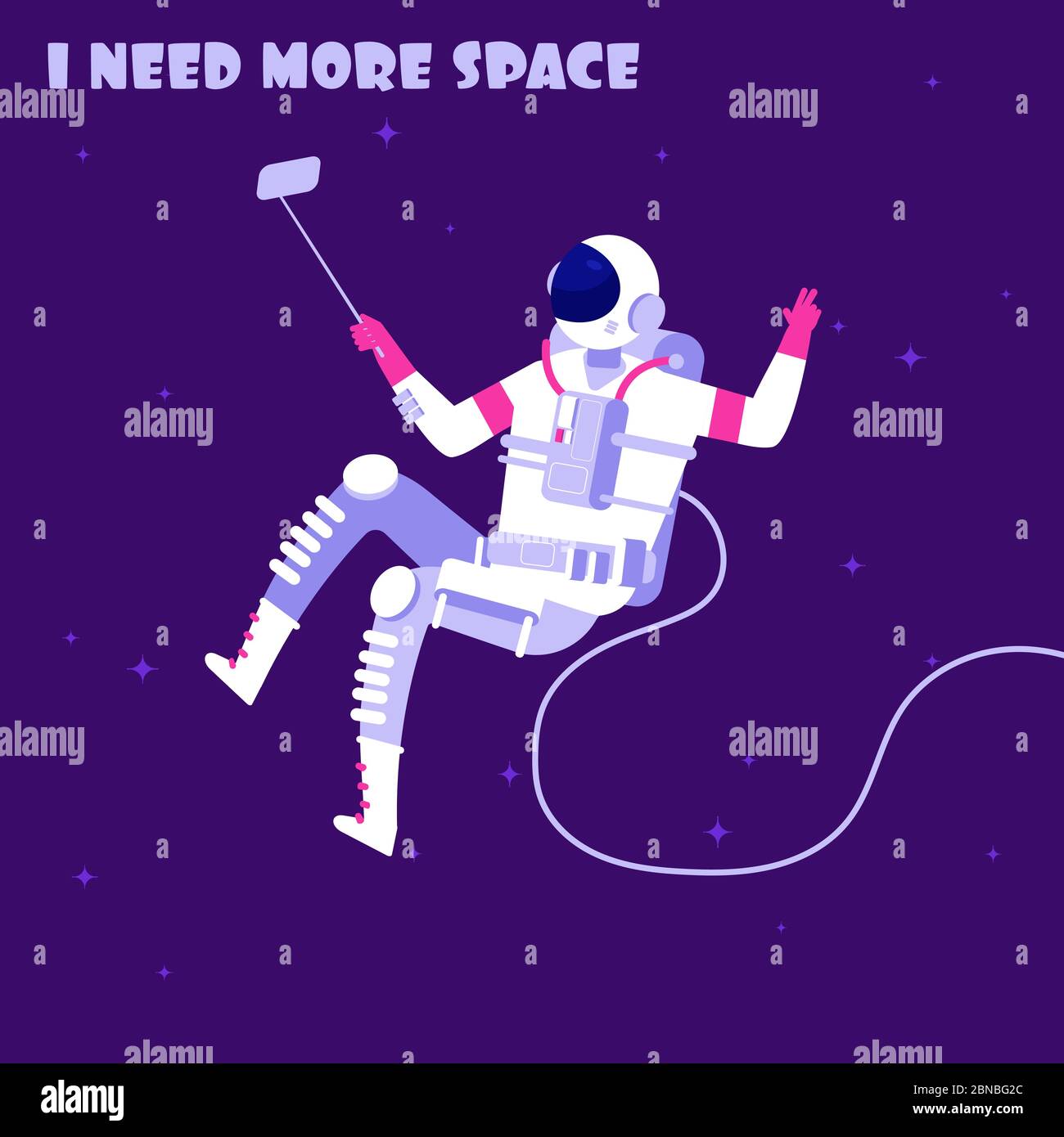 Astronauta in peso. Spaceman nello spazio. Ho bisogno di più astronautica spaziale concetto vettoriale. Illustrazione dell'esplorazione dello spacewalker fa selfie della foto Illustrazione Vettoriale