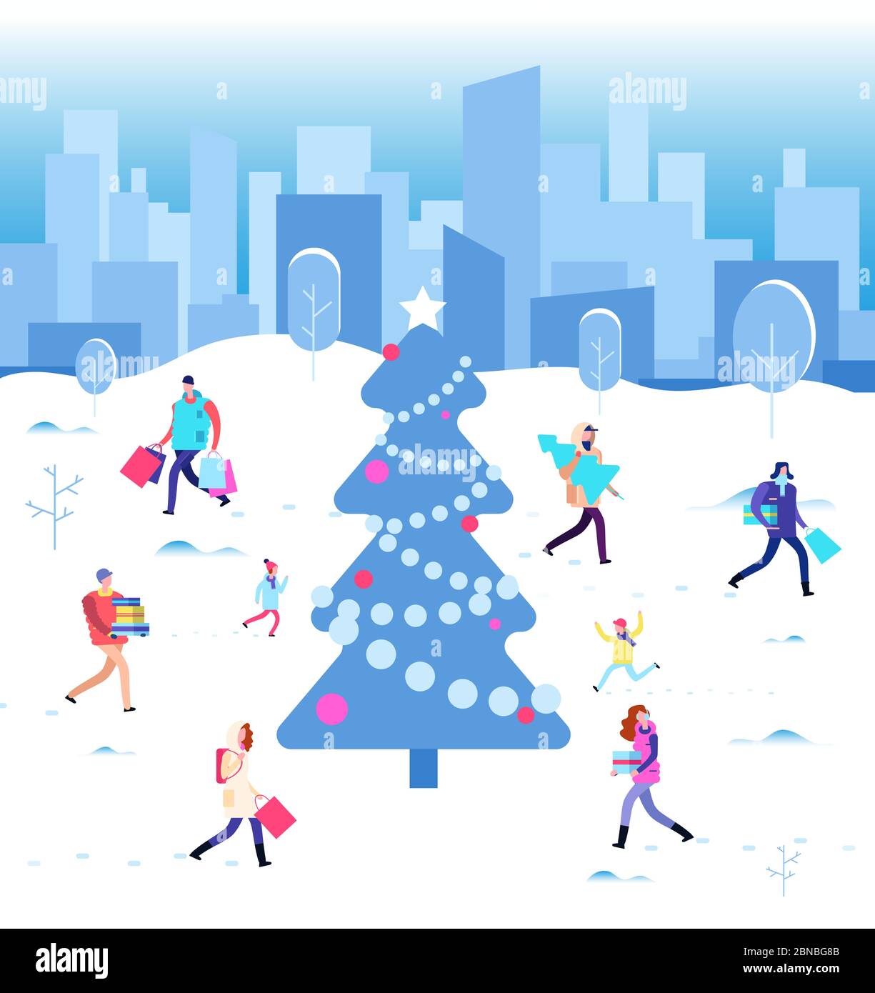 Buone feste di natale. Gente invernale che cammina all'albero di natale della città. Famiglia in vacanza invernale. Concetto di vettore di tempo di inverno. Illustrazione di persone con albero di Natale Illustrazione Vettoriale