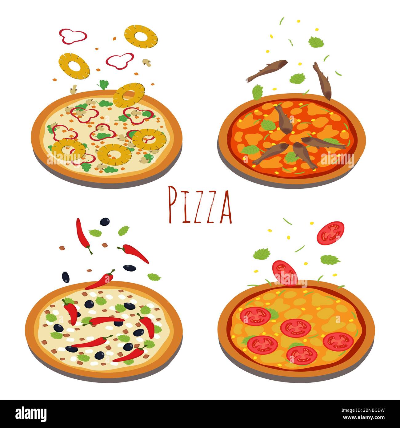 Set di pizze diverse con ingredienti in caduta. Pizza con pomodoro e formaggio, ananas e vettore di illustrazione frutti di mare Illustrazione Vettoriale