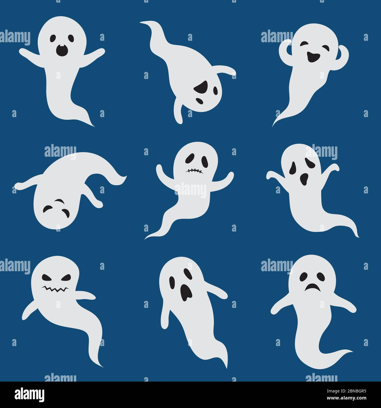 Fantasmi spaventosi. Cute halloween fantasma. Vettore silhouette bianco boohoo caratteri spettrali isolati. Cartoon fantasma Halloween, spaventosa silhouette immagine spettrale Illustrazione Vettoriale