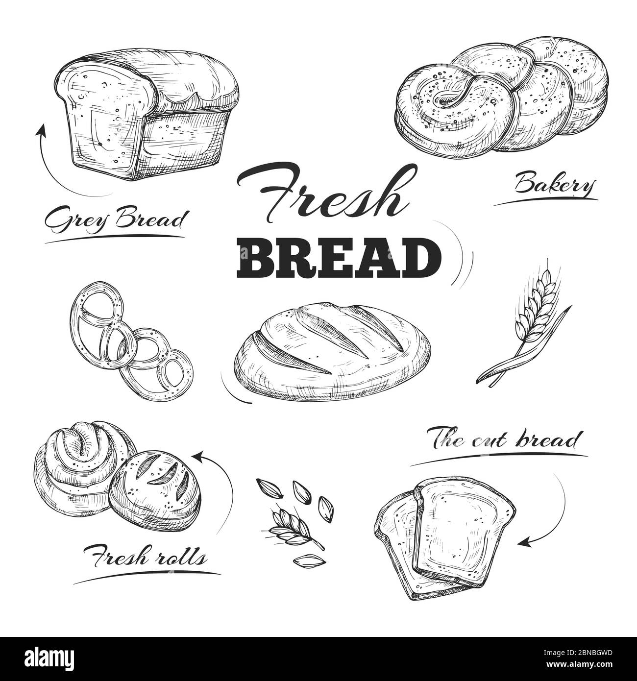 Menu da caffetteria da forno disegnato a mano. Modello vettore. Pane e panetteria, pane e bagel, colazione panino illustrazione schizzo Illustrazione Vettoriale