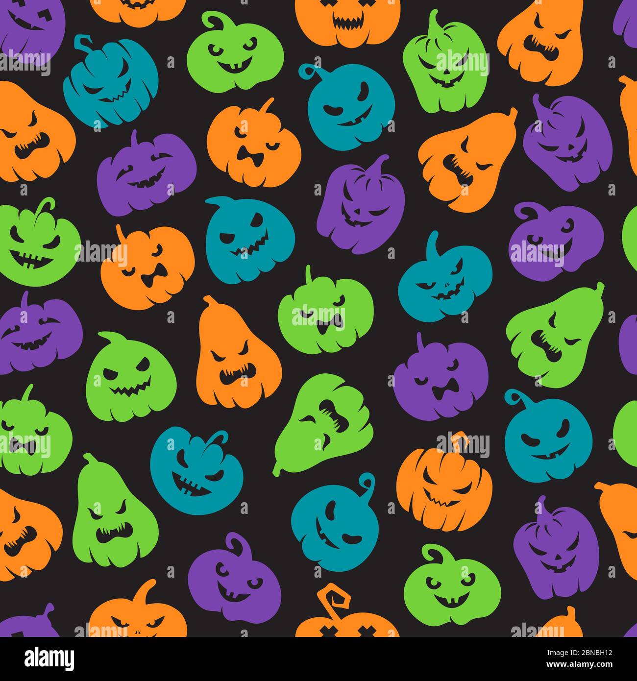 Zucche di Halloween modello senza cuciture. Scary jack o lanterna sagome del viso. Felice halloween vettore sfondo infinito. Immagine del motivo halloween colorato senza cuciture Illustrazione Vettoriale