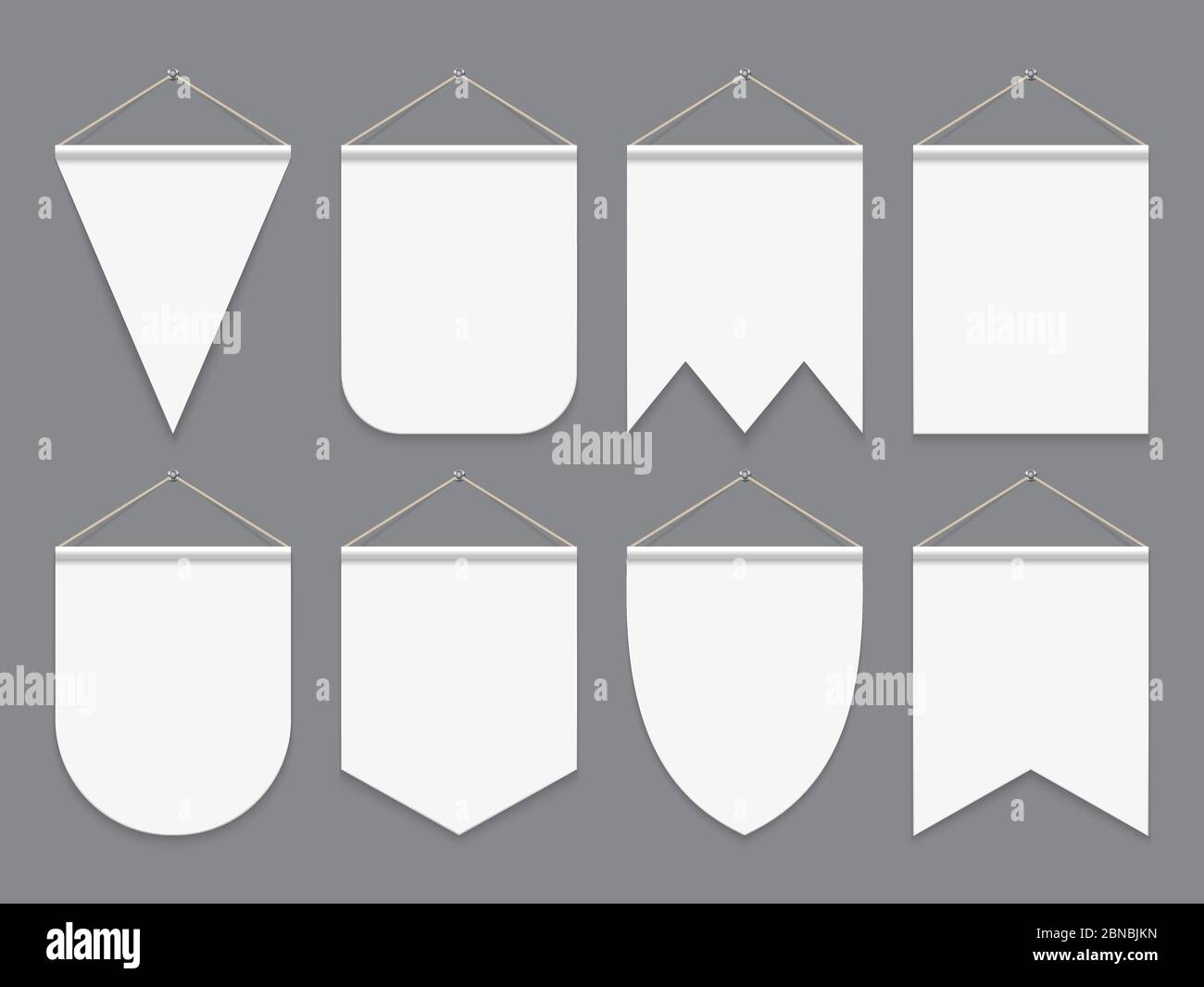 Pennant bianco. Appendere bandiere di tessuto vuote. Banner pubblicitari in tela per esterni. Mockup vettore dei pennants. Illustrazione della collezione del pennant della bandiera per la pubblicità Illustrazione Vettoriale