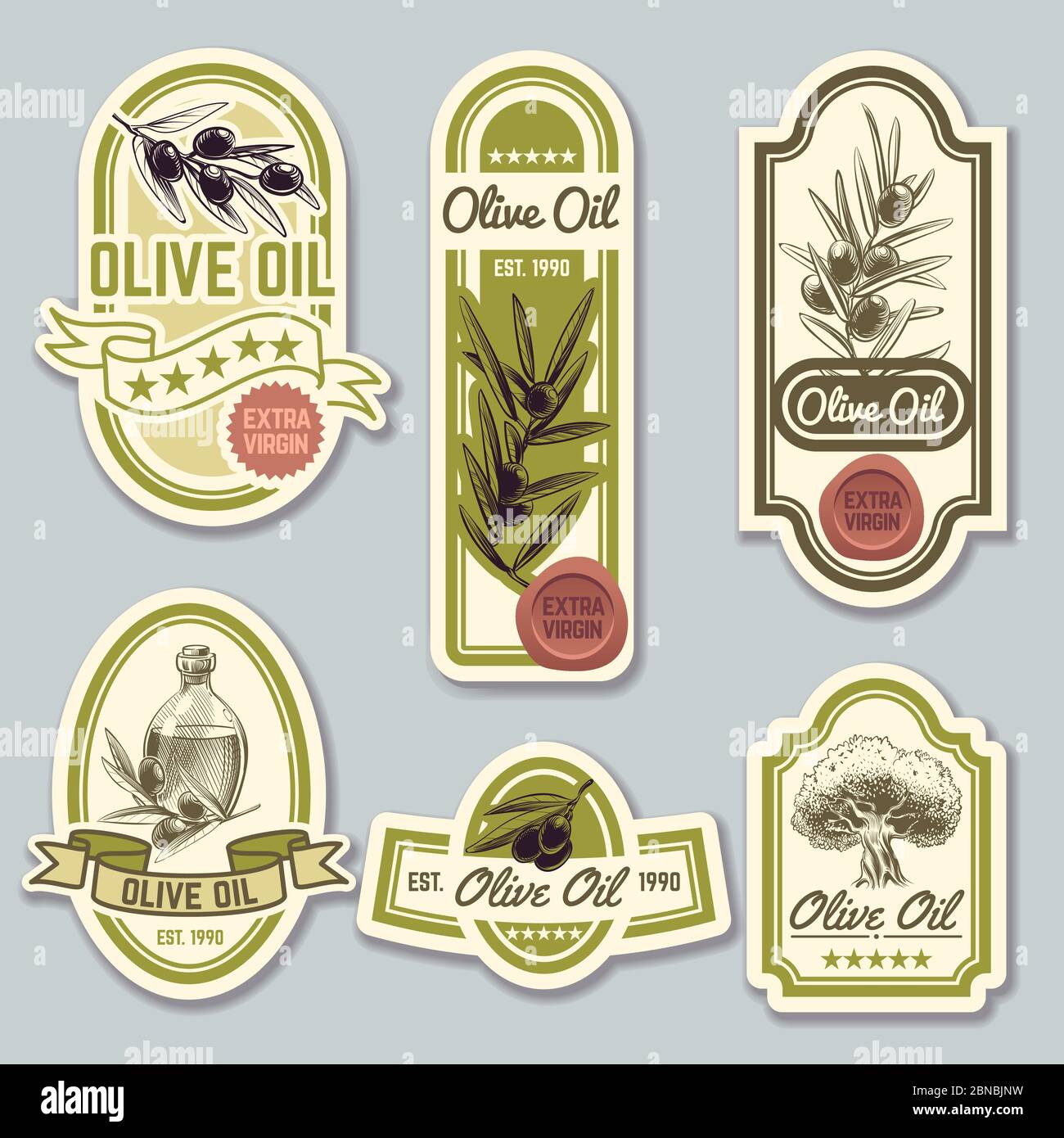 Etichette olio d'oliva. Confezione di bottiglie premium con olive. Gruppo vettoriale. Immagine dell'adesivo dell'olio d'oliva per la bottiglia Illustrazione Vettoriale