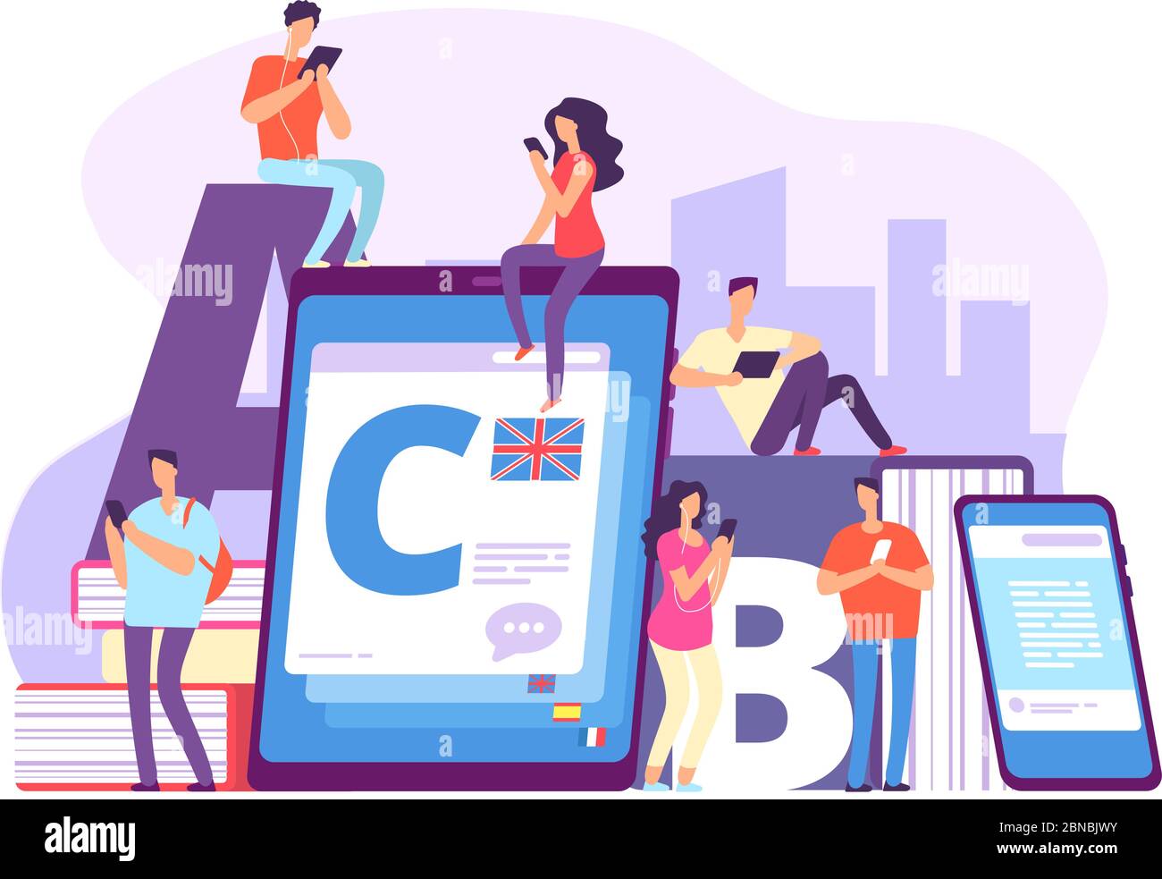Apprendimento delle lingue straniere. Persone e inglese, dizionario francese. Studiare spagnolo tedesco in viaggio. Sfondo vettoriale istruzione. Illustrazione dell'istruzione e dell'apprendimento delle lingue straniere online Illustrazione Vettoriale