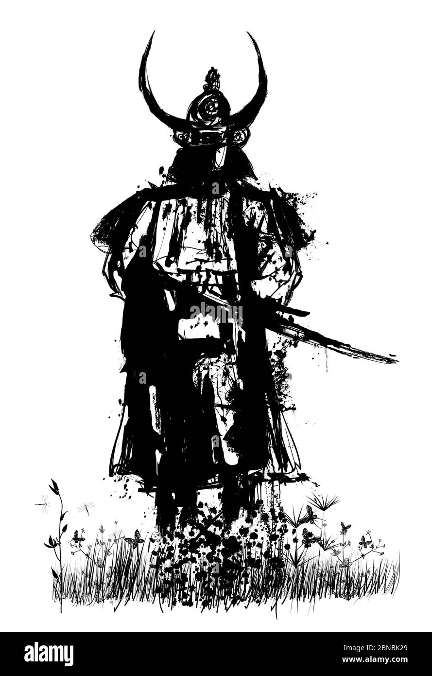 Samurai con spada - illustrazione vettoriale (ideale per la stampa su tessuto o carta, poster o carta da parati, decorazione di casa) Illustrazione Vettoriale