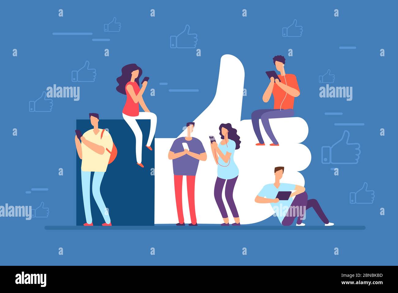 Come concetto. Persone con telefoni a pollice grande su, come icona. Sfondo vettore della comunità dei social media. Come la comunità di persone, il pollice in alto e l'illustrazione della comunicazione con smartphone Illustrazione Vettoriale