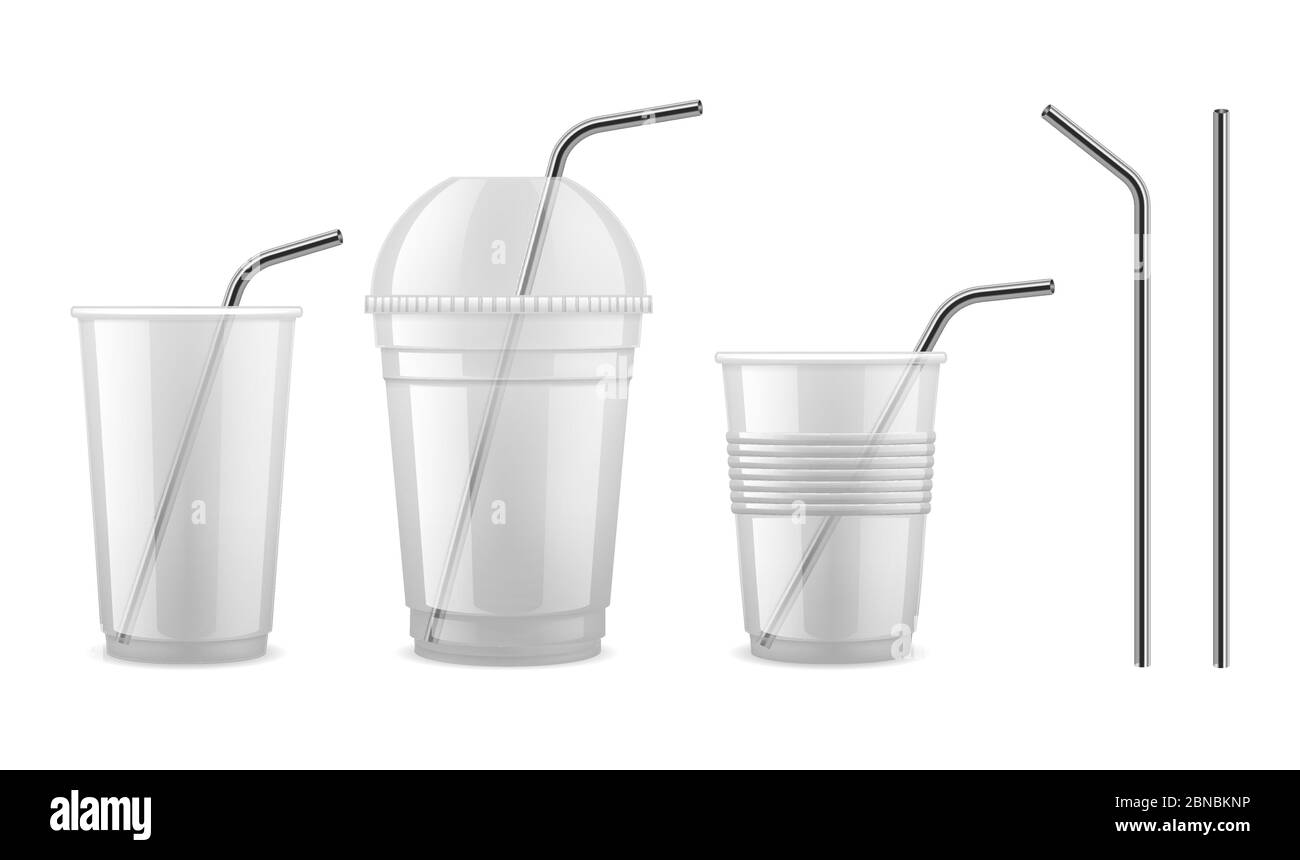 Cannuccia da bere in metallo. Set isolato vettoriale per attrezzature da cocktail in paglia di acciaio riutilizzabile. Tazza di plastica per cocktail per bevande con cannuccia per illustrazione delle bevande Illustrazione Vettoriale