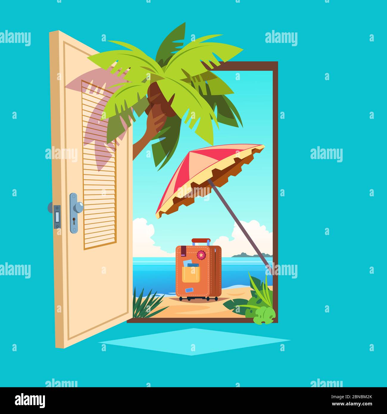 Sportello a molla aperto. Ingresso aperto con paesaggio estivo all'aperto. Illustrazione del vettore di benvenuto e di viaggio. Viaggio estivo in porta aperta Illustrazione Vettoriale