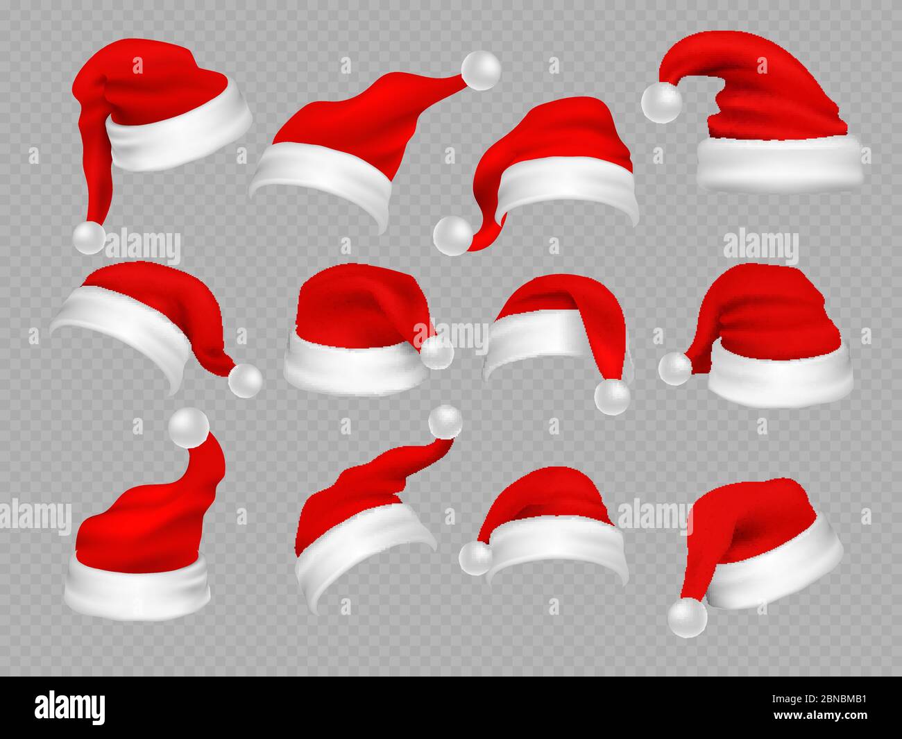 Grande set di cappelli da Santa realistici isolati su sfondo trasparente. Vettore babbo natale cappello collezione, cappello vacanza a illustrazione xmas Illustrazione Vettoriale