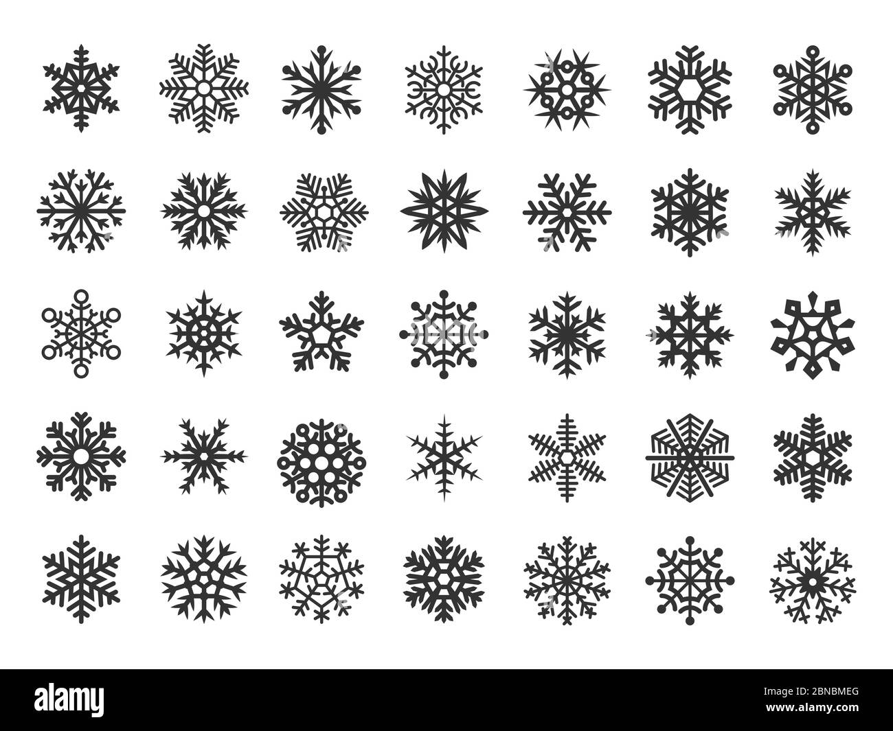 Set di fiocchi di neve vettoriali neri festosi. Elementi decorativi natalizi isolati su sfondo bianco. Neve inverno fiocco di neve, illustrazione innevata di Natale Illustrazione Vettoriale