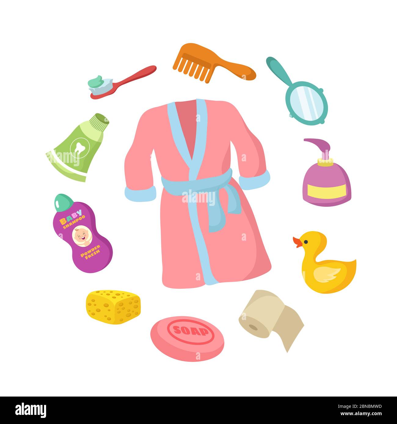 Accessori da bagno, set vettoriale cartoon. Igiene del bambino isolata su sfondo bianco Illustrazione Vettoriale