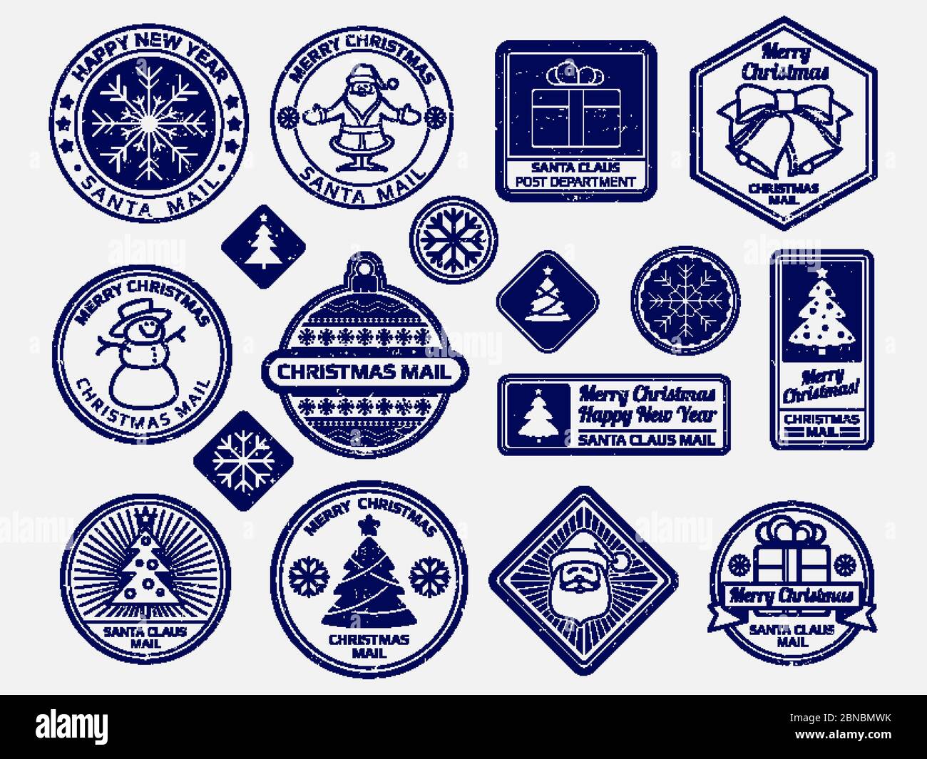Penna a sfera Santa mail timbri set vettoriale. Illustrazione del timbro postale, illustrazione del contrassegno di posta santa Illustrazione Vettoriale